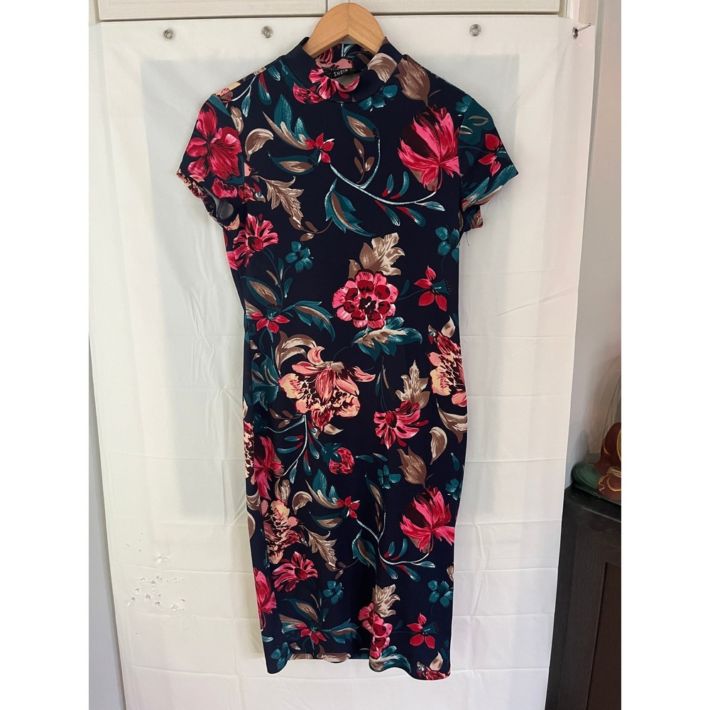 SHEIN Navy Blue Floral Mock Neck Short Sleeve Bodycon Midi Dress Size M